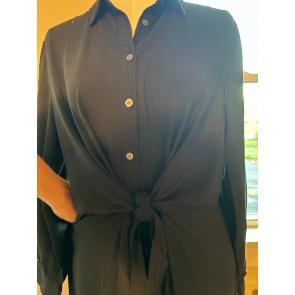 LOFT Tie-Front Long Shirt Dress in Black